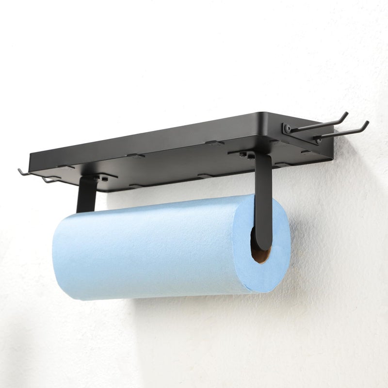 ZUNTO Garage Paper Towel Holder with Shelf  Black Stainless Steel Paper Towel Rack with Hooks  Wall Mount Paper Towel Holder for Kitchen  Garage Organization and Storage - Image 5
